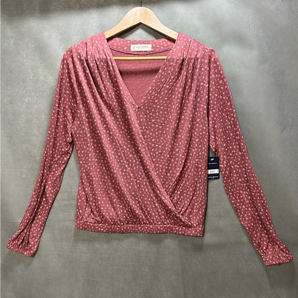 Lucky Brand Faux-Wrap Floral Top - Rose Pink - Size Medium